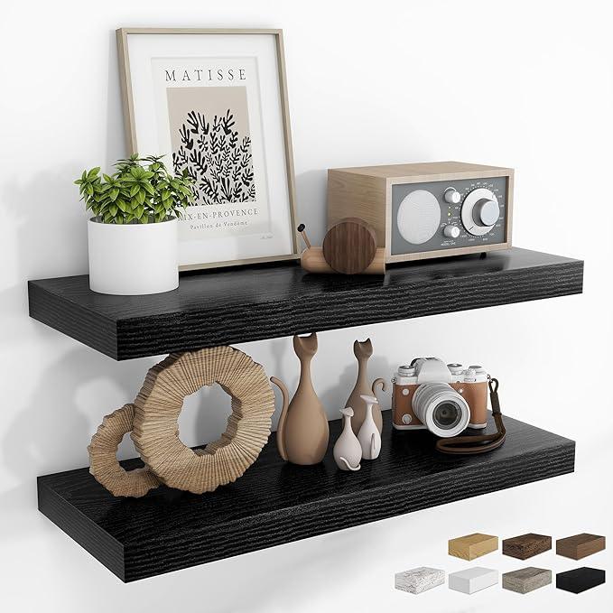 RICHFOCUS 31.5Inch Floating Shelves for Wall 2 Pack Shelves for Bedroom|Kitchen|Bathroom Wall Mounted Rustic Wood Floating Shelf with Invisible Brackets for Books|Storage|Decor, Black