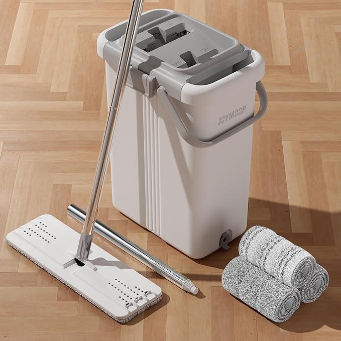 JOYMOOP Mop and Bucket with Wringer Set, Flat Squeeze Mop with Bucket (X-Large), Dust Mop for Wall Cleaner with Long Handle, Microfiber Mop - White Bucket with 3 Reusable 15
