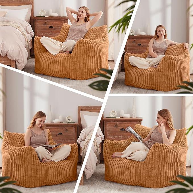 Giant Bean Bag Chairs for Adults Teens, Large Bean Bag Sofa Chairs with Filling Comfy Fuzzy BeanBag Chair with Armrests for Bedroom Living Room Reading (Brown, Large)