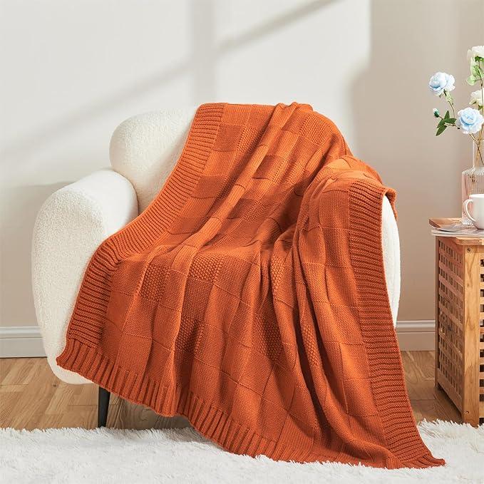 CozeCube Check Knit Throw Blanket, Rust Orange Checkered Throw for Couch, Decorative Christmas Soft Cozy Warm Knitted Blanket for Bed Sofa Living Room, 60