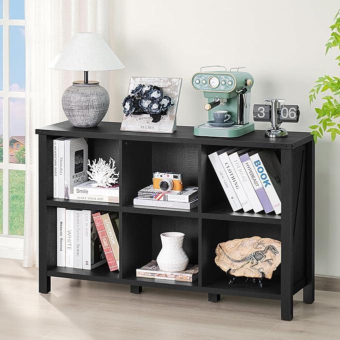 6 Cube Bookcase, Farmhouse Wood Low Storage Organizer Book Shelf, Black 47