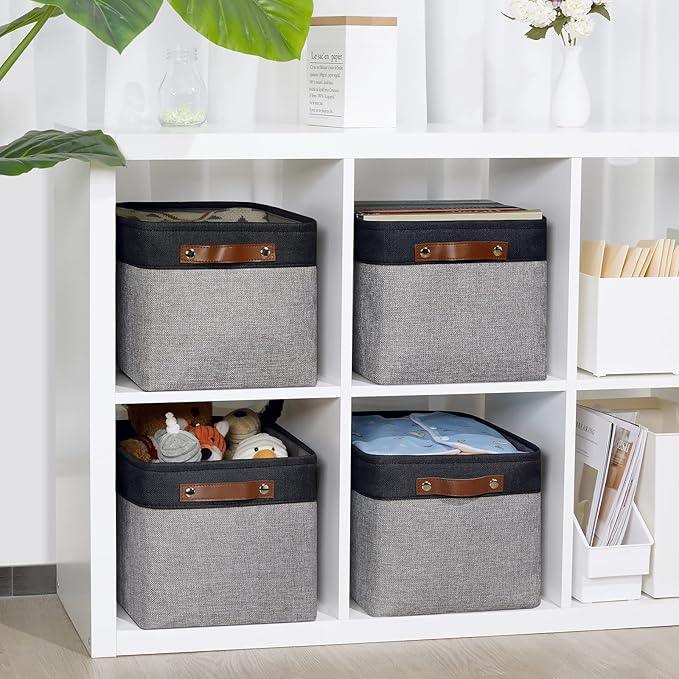 DULLEMELO Canvas Storage Bin with Handles, Fabric Bins for Shelves, Bedroom, Office,Nursery,Fabric Storage Baskets for Toys, Clothes,Gift(Black&Grey,15