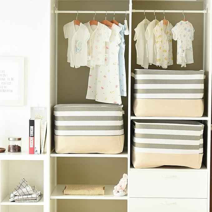TheWarmHome Jumbo Storage Bins Baskets, Sturdy Fabric Organizing Basket W/Handles, Decorative Foldable Storage Baskets for Shelves Closet Nursery Toy (Grey&White Stripes 3 Pack, 20.5Lx15.7Wx13.8H in)