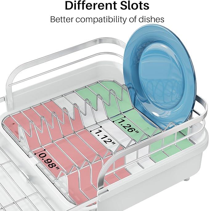 Dish Drying Rack, Expandable Dish Rack for Kitchen Counter, Stainless Steel Dish Drainer with Drainboard Set and Utensil Holder (White)