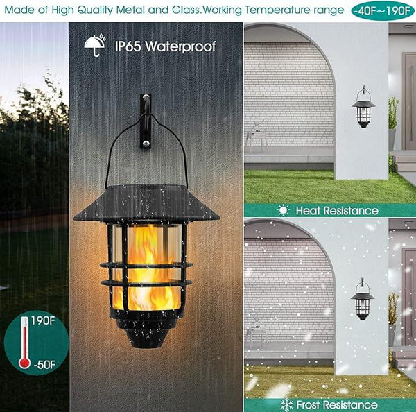 Solar Hanging Lantern Outdoor, Flickering Flames Outdoor Lights,Solar Lights Waterproof for Wall Fence Patio Porch Yard,2 Pack