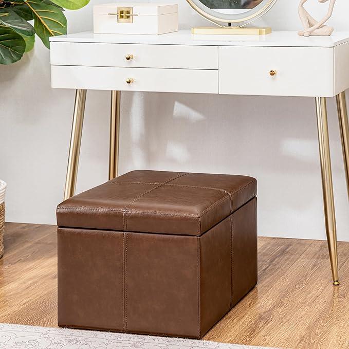 Adeco Storage Ottoman Foot Rest Stool, Leather Ottoman Footstool with Hinged Lid, 17