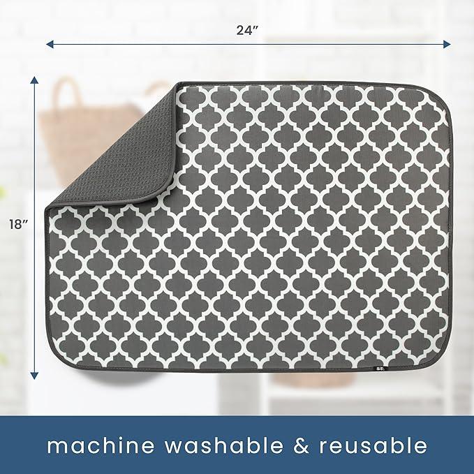 S&T INC. Dish Drying Mat XL, 18” x 24”, Absorbent Microfiber Kitchen Counter Mat, Dish Drying Pad for Dishes, Utensils, Pots and Pans, Extra Large, Pewter Grey Trellis