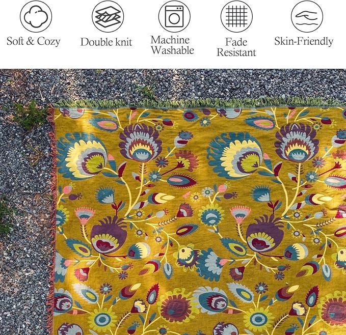 Snycler Boho Throw Blanket for Bed, 100% Organic Cotton Muslin Soft Throw-Yellow Boho Floral Farmhouse Rustic Spring Summer Fall Decor Blanket for Couch Sofa Quilt and Gift, 80
