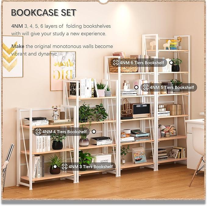 4NM No Assembly Foldable Bookshelf, 6-Shelf Collapsible Bookcase Storage for Small Spaces, 74
