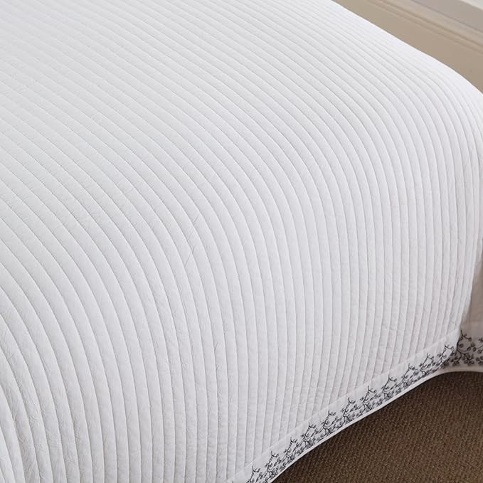 MarCielo 3-Piece 100% Cotton White Striped Quilt Set with Botanical Edge Embroidery TC(Sakura White,King(106