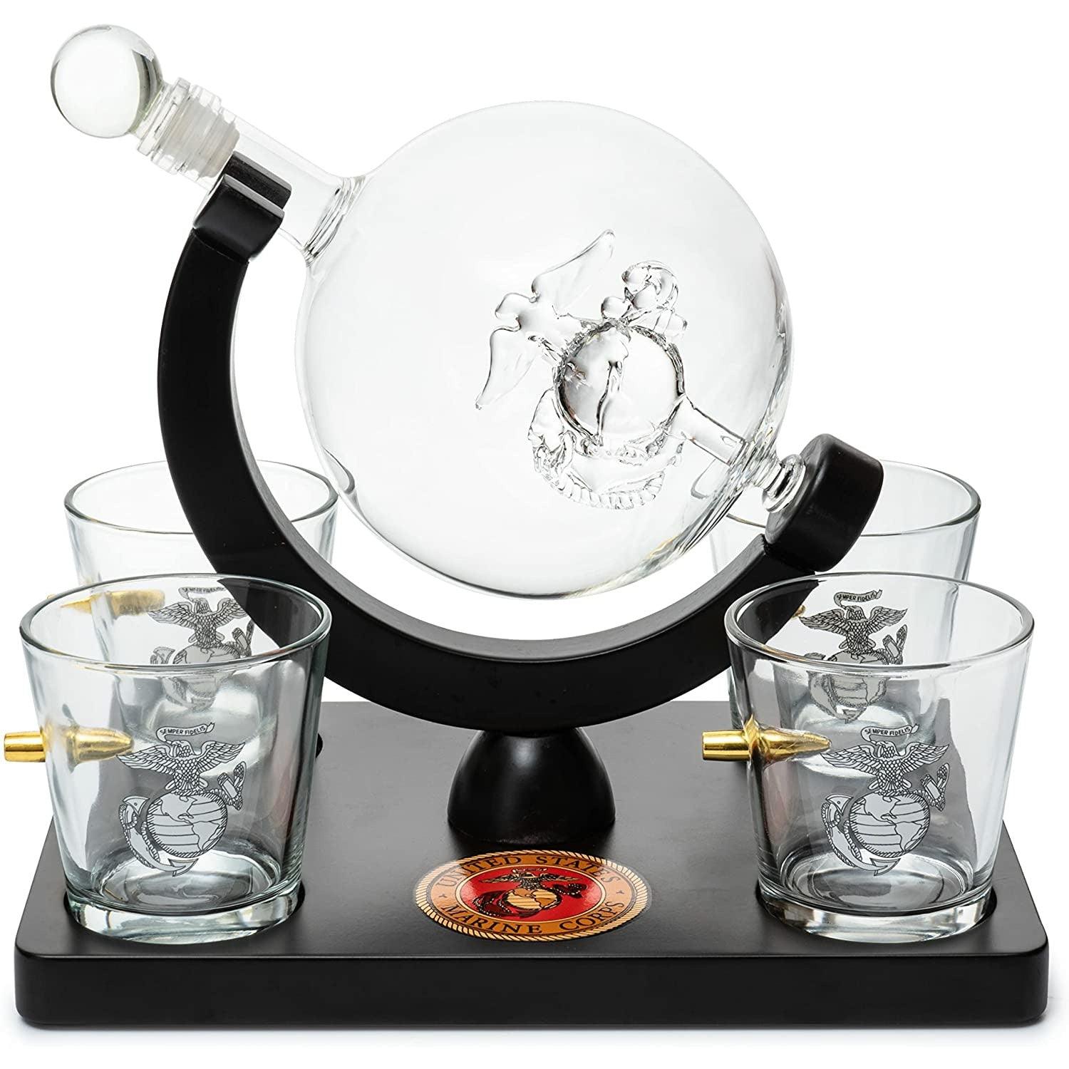 Marine Decanter Set With Four 3 oz Shot Glasses 1000ml Marines Gift Decanter by The Wine Savant - Marine Gifts, Army Gifts, Veteran Gifts