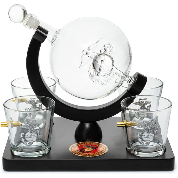 Marine Decanter Set With Four 3 oz Shot Glasses 1000ml Marines Gift Decanter by The Wine Savant - Marine Gifts, Army Gifts, Veteran Gifts