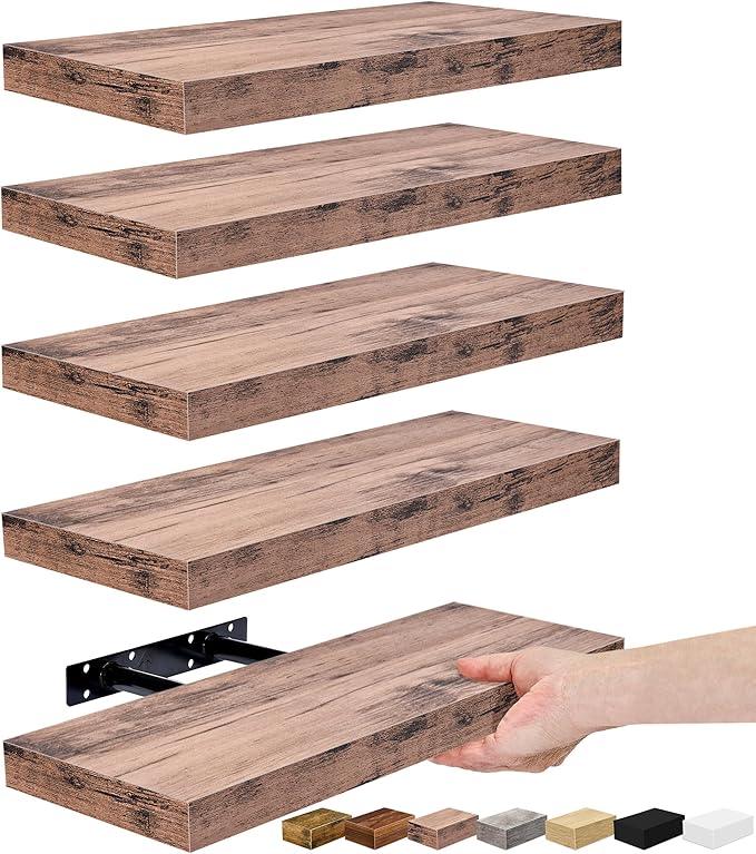 Sorbus Floating Shelves for Wall, Bathroom Shelves Wall Mounted for Kitchen, Bedroom, Living Room, Bathroom Storage, Over Toilet, Hanging Book Shelf for Ｗall Home Decor (Mahogony, 5 Pack)