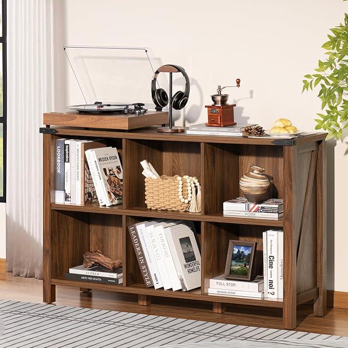 Farmhouse 6 Cube Book Shelf, Wood 3 Tier Storage Organizer Bookshelf, Brown Walnut 47