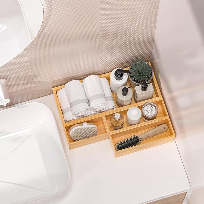 Kitchen Drawer Organizer Bins, Stackable Bamboo Deep Drawer Organizer for Silverware, Utensils, Cutlery, Flatware, Junk Drawer, Dresser, Bathroom, 9