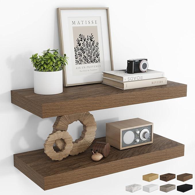 RICHFOCUS 24Inch Floating Shelves for Wall 2 Pack Shelves for Bedroom|Kitchen|Bathroom Wall Mounted Rustic Wood Floating Shelf with Invisible Brackets for Books|Storage|Decor, Walnut