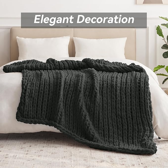 Chunky Knit Throw Blanket, 40''*50'' Knitted Throw Chenille Yarn for Bed Couch, Handmade Dark Grey Crochet Big Thick Blanket, Machine Washable Cute Comfy Blanket for Home Decor