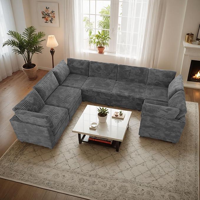 Modular Sectional Sofa with Chaise U Shaped Sectional Couch for Living Room, 7-Seater Comfy Cloud Couches, Plush Corduroy, Gray