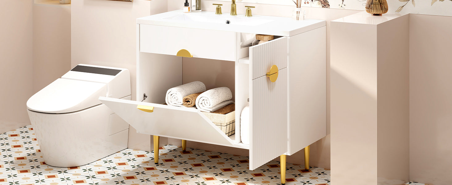 36' Bathroom Vanity with Resin Basin Sink, Modern Bathroom Sink Cabinet, Storage Cabinet with Soft-Closing Door and Drop-Down Door