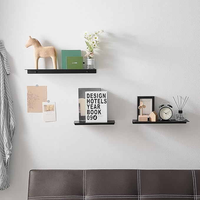JOOM Black Floating Shelves for Wall Storage, Metal Wall Shelves for Living Room, Bathroom, Kitchen, 16” Display Shelves for Collectibles(2 PCS)