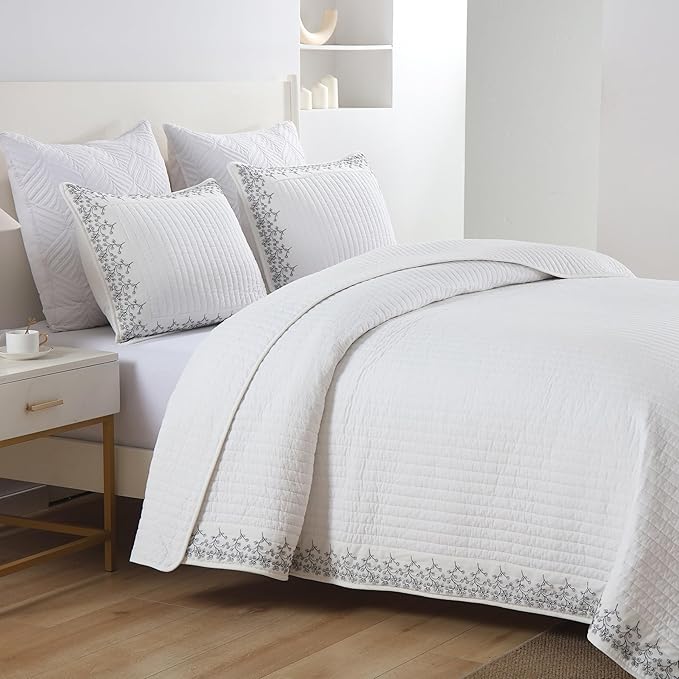 MarCielo 3-Piece 100% Cotton White Striped Quilt Set with Botanical Edge Embroidery TC(Sakura White,King(106