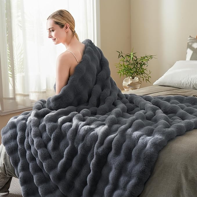 BENVWE Faux Fur Throw Blanket for Couch - Thickened Fluffy Soft Bubble Blanket for Living Room Home Decor - Fathers Day Birthday Gifts for Women Men, Grey, 50
