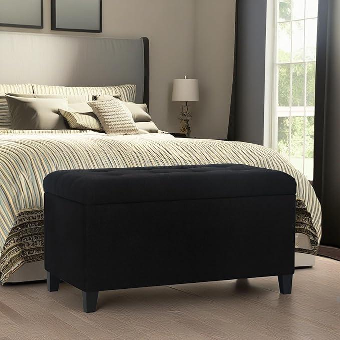 Asense Storage Ottoman Bench, Tufted Fabric Upholstered End of Bed Bench with Safety Hinge Wooden Legs, for Entryway Bedroom (Cotton and Linen Black, 33.3