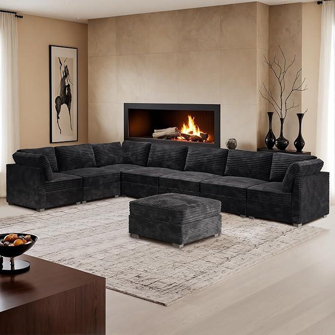 HOOOWOOO Modular Sectional Sofa,8 Pieces Sectional Couches for Living Room,164X66 L Shaped Cloud Couch with Ottoman Chaise Set(Black Velvet Corduroy)