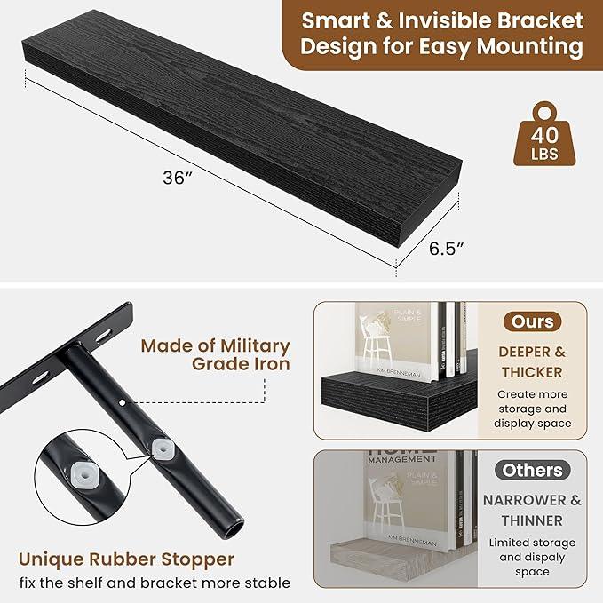 fuqing Floating Shelves for Wall, Bathroom Shelf Wall Mounted for Storage, Shelves with Invisible Bracket for Bedroom, Kitchen, Living Room, Farmhouse Small Book Shelf, 36 Inch Set of 2, Black