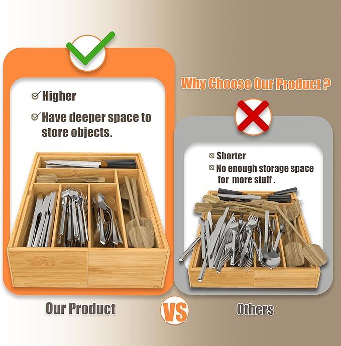 BAMEOS 3.9inch Tall Bamboo Drawer Organizer, Expandable Utensil Holder with 8 Compartments, Adjustable Kitchen Drawer Divider for Flatware, Silverware and Gadgets, Deep Storage for Home and Office