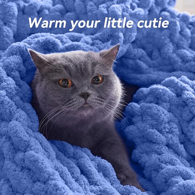 Chunky Knit Throw Blanket, 60''*80'' Knitted Throw Chenille Yarn for Bed Couch, Handmade Light Blue Crochet Big Thick Blanket, Machine Washable Cute Comfy Blanket for Home Decor