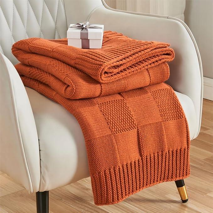CozeCube Check Knit Throw Blanket, Rust Orange Checkered Throw for Couch, Decorative Christmas Soft Cozy Warm Knitted Blanket for Bed Sofa Living Room, 50