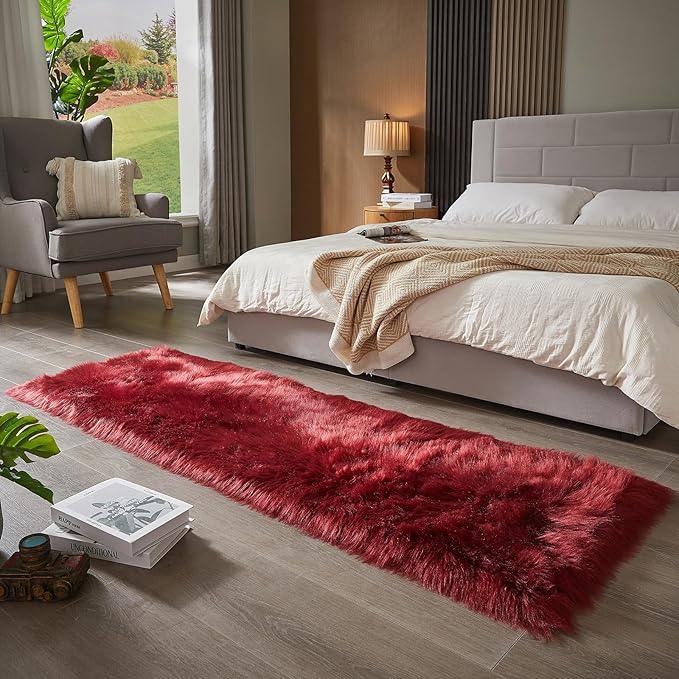 AMTOVO Faux Fur Rug, Burgundy Ultra Soft Fluffy Shag Sheepskin Rug, 2 x 6 ft Runner Area Rugs for Bedroom Sofa Throw Cushion Room Decor, Rectangle