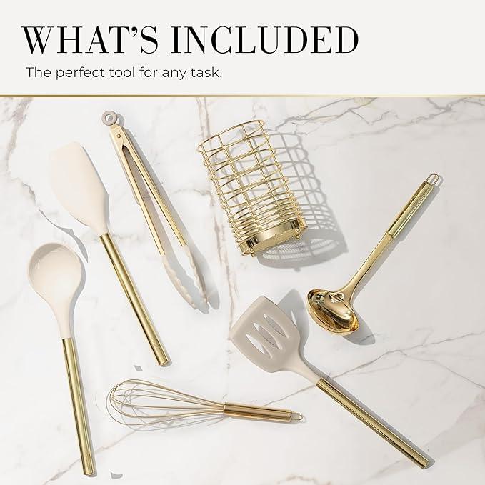 7-Piece Beige & Gold Kitchen Utensils Set – Non-Toxic Silicone & Stainless Steel Tools for Cooking, Serving, & Hosting – Ideal for Nonstick Cookware & Modern Kitchens, with Gold Utensil Holder