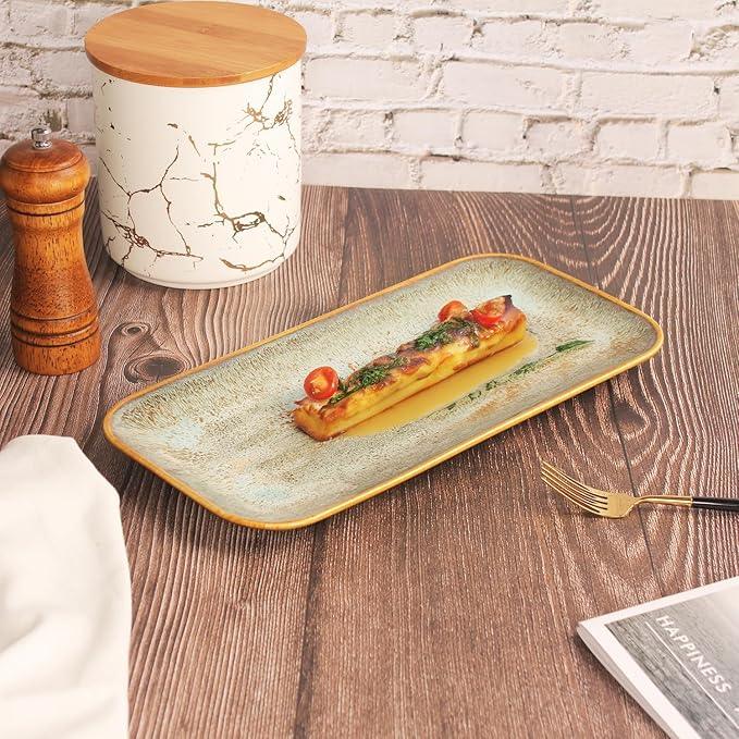Ceramic Dinner Plates Dish Set, Set of 4, Microwave Oven and Dishwasher Safe,Scratch Resistant, Dinnerware Kitchen Porcelain Serving Dishes Brown glaze change, 12.4 Inch Rectangle plate