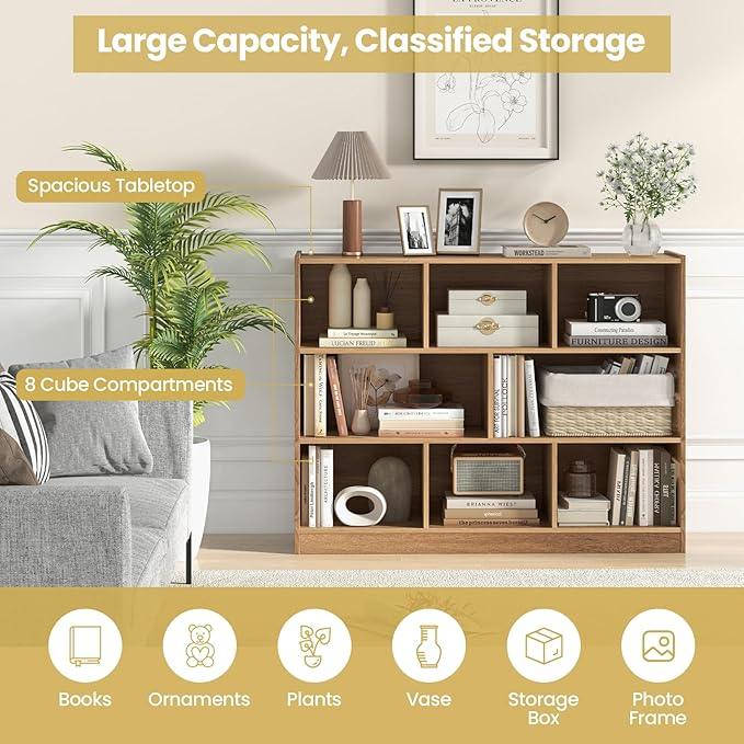 Tangkula 8-Cube Bookcase, Wood 3 Tier Open Storage Bookshelf, Modern Multipurpose Display Cabinet for Living Room, Study, Reading Nook, 48 x 12.5 x 36.5 Inch, Natural