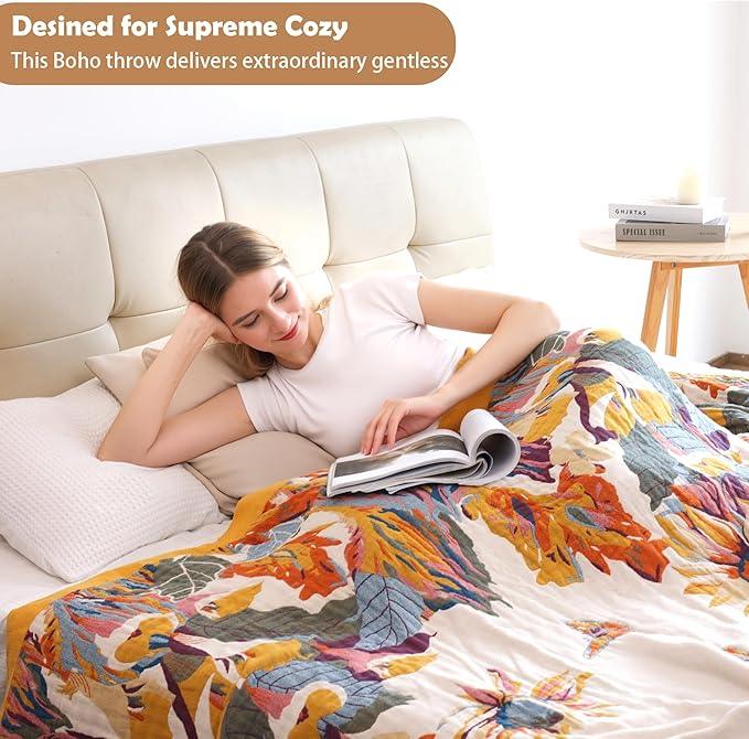 Boho Large Throw Blanket, 100% Organic Cotton Breathable Soft Bed King Throw - Fall Floral Bird Butterfly Farmhouse Decor Blanket for Sofa Couch Chair and Gift. 91