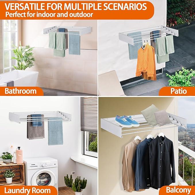 FOCHIER F Laundry Drying Rack Wall Mounted Clothes Drying Rack Collapsible with 4 Aluminum Rods and Drilling Template Long Screwdriver Bit 60 lbs Capacity (White, 23.6