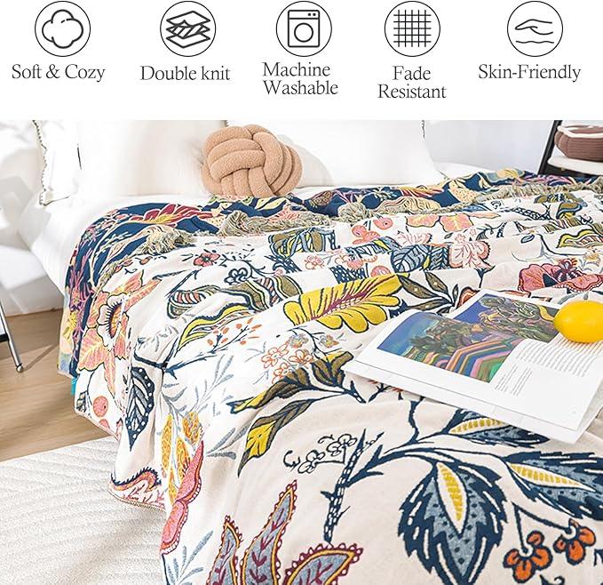 Snycler Boho Throw Blanket for Bed, 100% Organic Cotton Muslin Soft Throw-Floral Farmhouse Rustic Spring Summer Fall Decor Blanket for Couch Sofa Quilt and Gift, 60