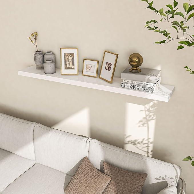 Fun Memories 48 Inch Floating Shelves for Wall, Deep Rustic Solid Pine Wood Shelf - Farmhouse Wall Mounted Display Shelf with Heavy-Duty Metal Bracket, 48