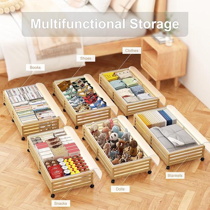 Under Bed Storage with Wheels-Large Bamboo Underbed storage Containers with Large Dust Bag Stackable Under the Bed Shoe Storage Bins for Clothes Books Bedding (2 Packs Nature, 33.07