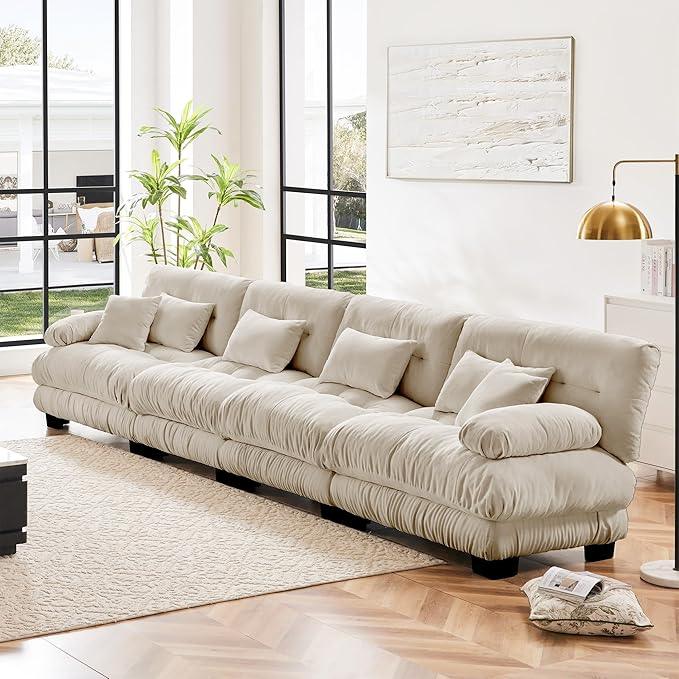 Modular Sectional Sofa Cloud Couch 4-Seater Deep Seat Sofa Couch, Oversized Couch Bed Sectional Couch with Round Bolster Armrests 6 Pillows, Modern Sofa Chair Comfy Couch