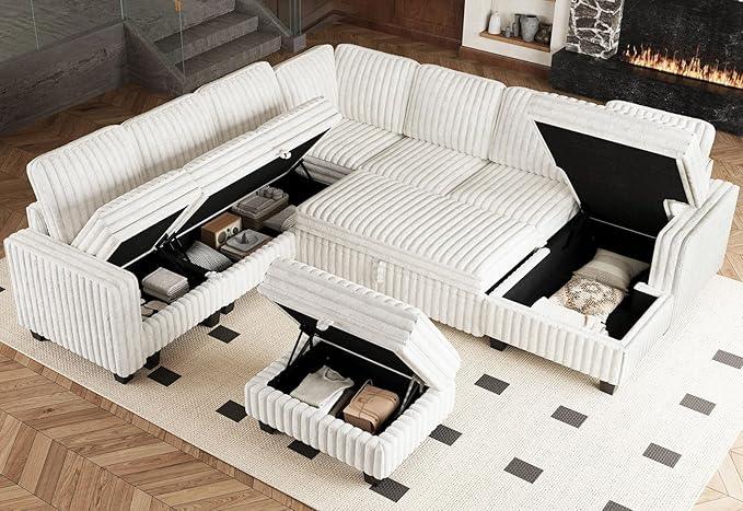 Belffin Oversized Sofa Bed Modular Sectional Sleeper Sofa with Pull Out Bed L Shaped Couch with Storage Chaise White Couch