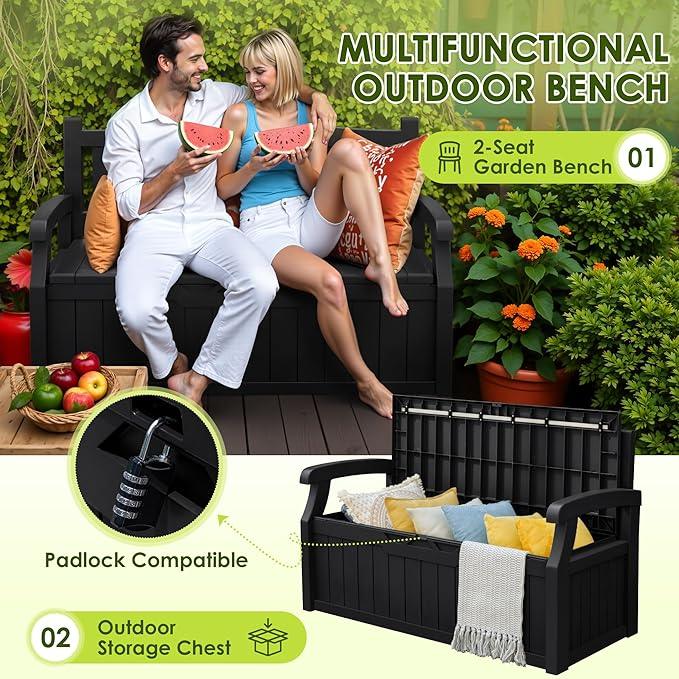 Greesum 80 Gallon Outdoor Storage Bench, Resin Patio Furniture with Armrest,Waterproof and UV-Resistant, Perfect to Garden, Poolside and Lawn, Dark Black