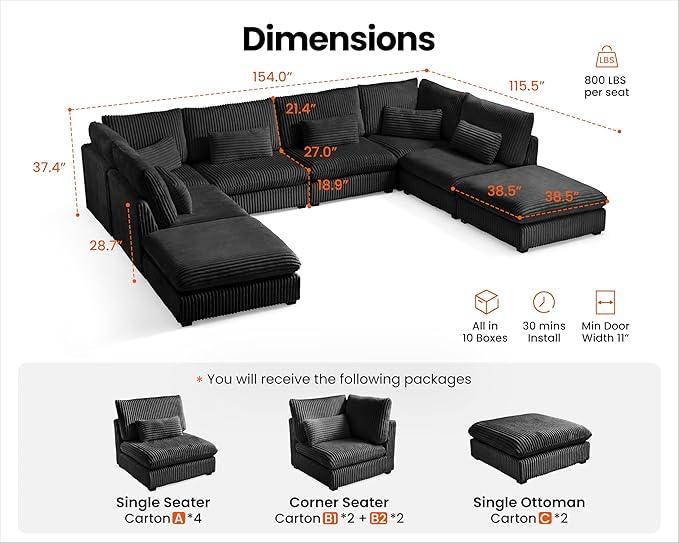 Oversized Modular Sofa, Extra Deep Cloud Corduroy Sectional Couch with Ottoman Chaise, Fluffy Chenille 8 Seater Couch Bed for Living Room, Villa (Sofa Bed 8 Seater, Corduroy Black)