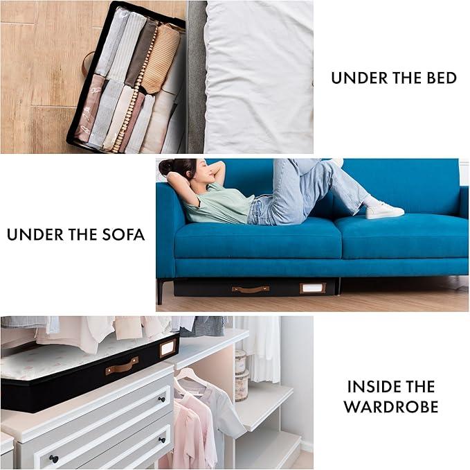 HOMELUX THEORY 2pc Low Profile Under Bed Storage Containers, Thin Under Couch Storage Organizer with Bins & Lids, Underbed Storage Box Ideal for Seasonal Clothes, Blankets, Fabric & Shoes (Black)
