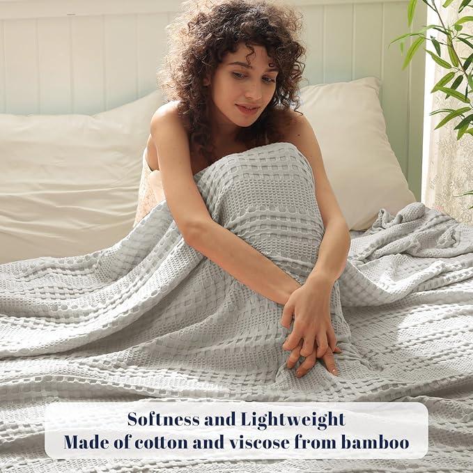 PHF Cooling Waffle Blanket Queen Size, Lightweight 60% Rayon Derived from Bamboo & 40% Cotton Breathable Blanket for Hot Sleepers, Soft and Luxury for Bed Couch and Sofa, 90