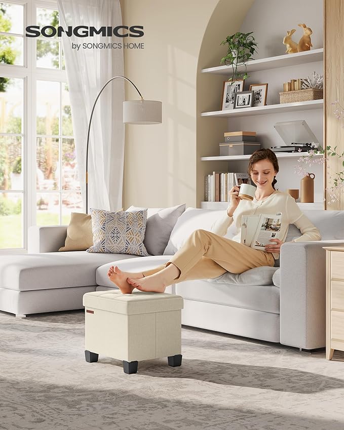 SONGMICS Storage Ottoman, Small Ottoman Foot Rest with Legs, 12.6 x 15.8 x 13.2 Inches Foot Stool, Load up to 660 lb, for Living Room, Bedroom, Dorm, Cream White ULSF012W01