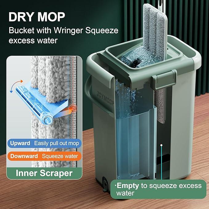 JOYMOOP Mop and Bucket with Wringer Set, Flat Squeeze Mop with Bucket (X-Large), Dust Mop for Wall Cleaner with Long Handle, Microfiber Mop - Green Bucket with 3 Reusable 15