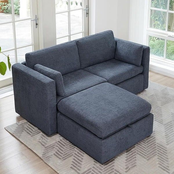 CHITA Modular Sectional Sofa, FSC Certified L Shaped Couch with Reversible Chaise, Modular Sectional Couch for Samll Space,78 Inch Width, 3 Seat Modular Sofa with Storage Ottoman, Blue